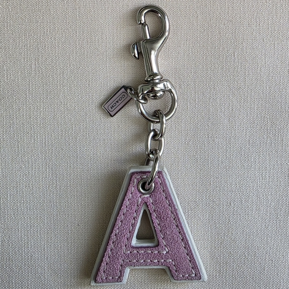 Coach Letter A Bag Charm Purple Suede Leather Keychain Hangtag Y2K - Picture 2 of 8